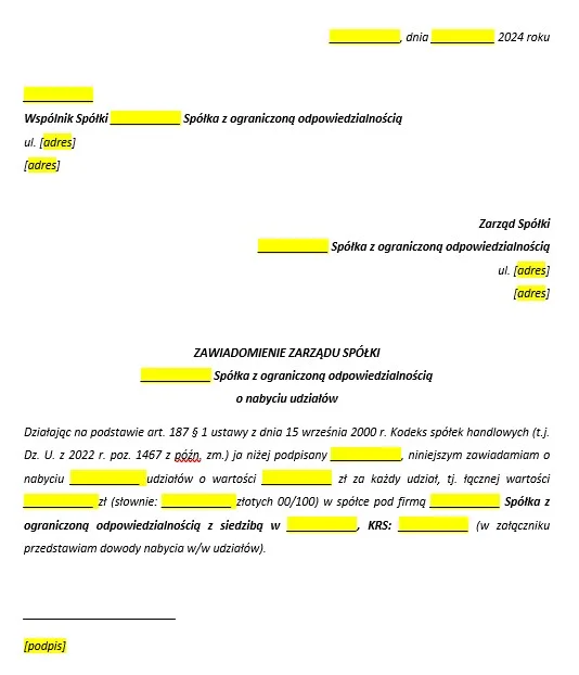 Wzór zawiadomienia spółki o przejściu udziałów