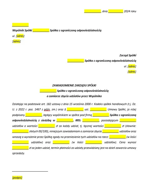 Wzór zawiadomienia zarządu spółki o zamiarze zbycia udziałów przez wspólnika