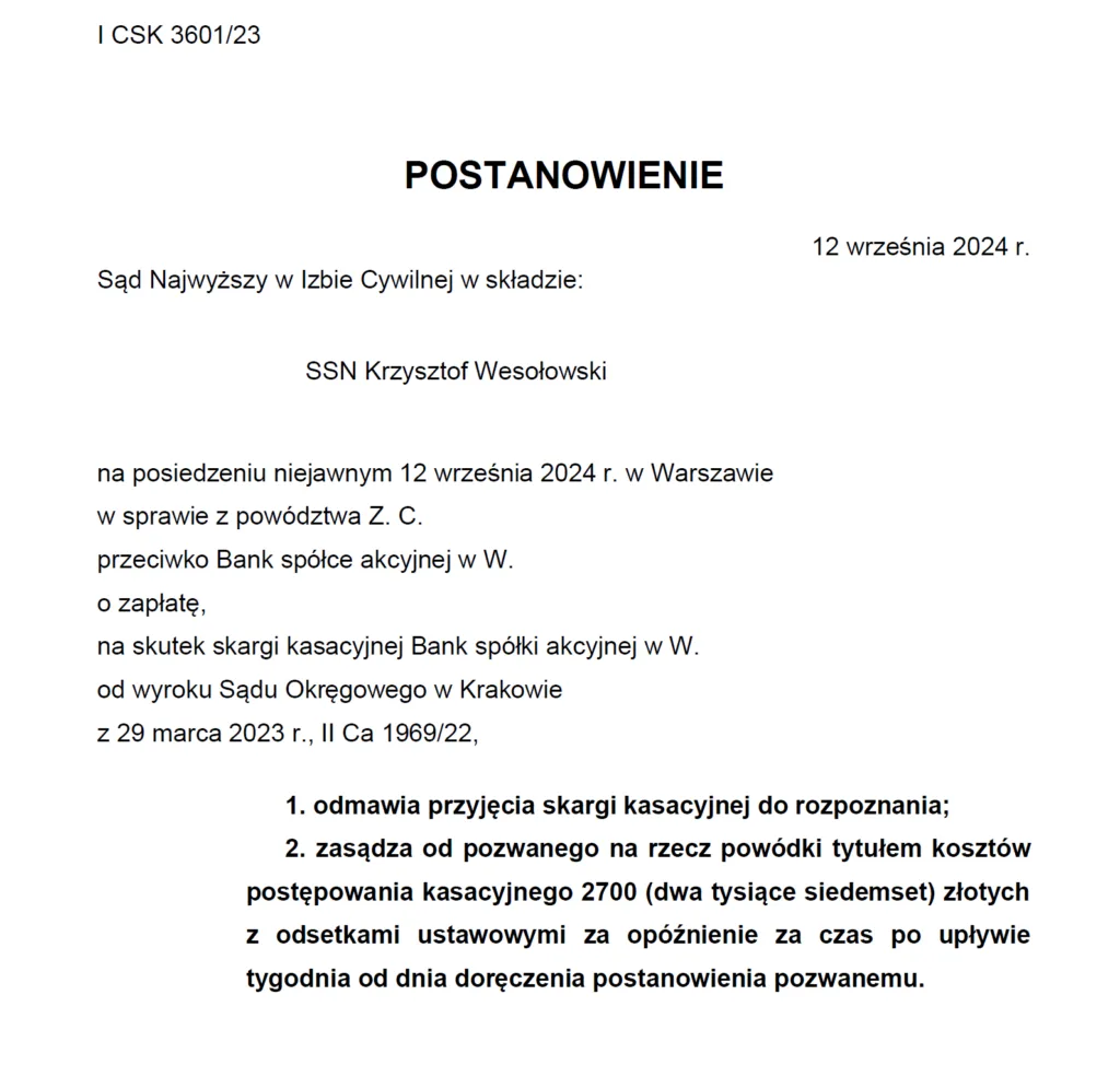 Sąd najwyższy odmawia przyjęcia skargi kasacyjnej do rozpoznania