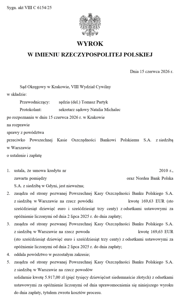 Wyrok w sprawie przeciwko PKO BP S.A. - w sprawie kredytu indeksowanego do euro