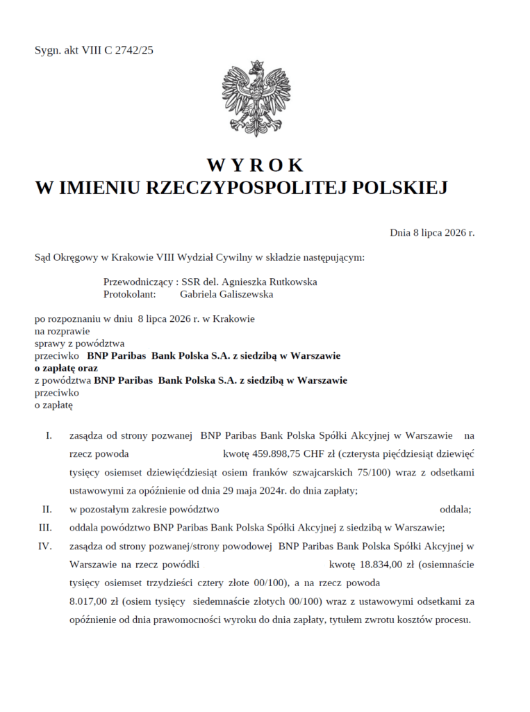 Wygrana z BNP Paribas Bank Polska w sprawie spłaconej umowy dawnego Fortis Banku denominowanej do CHF - nieprawomocny wyrok
